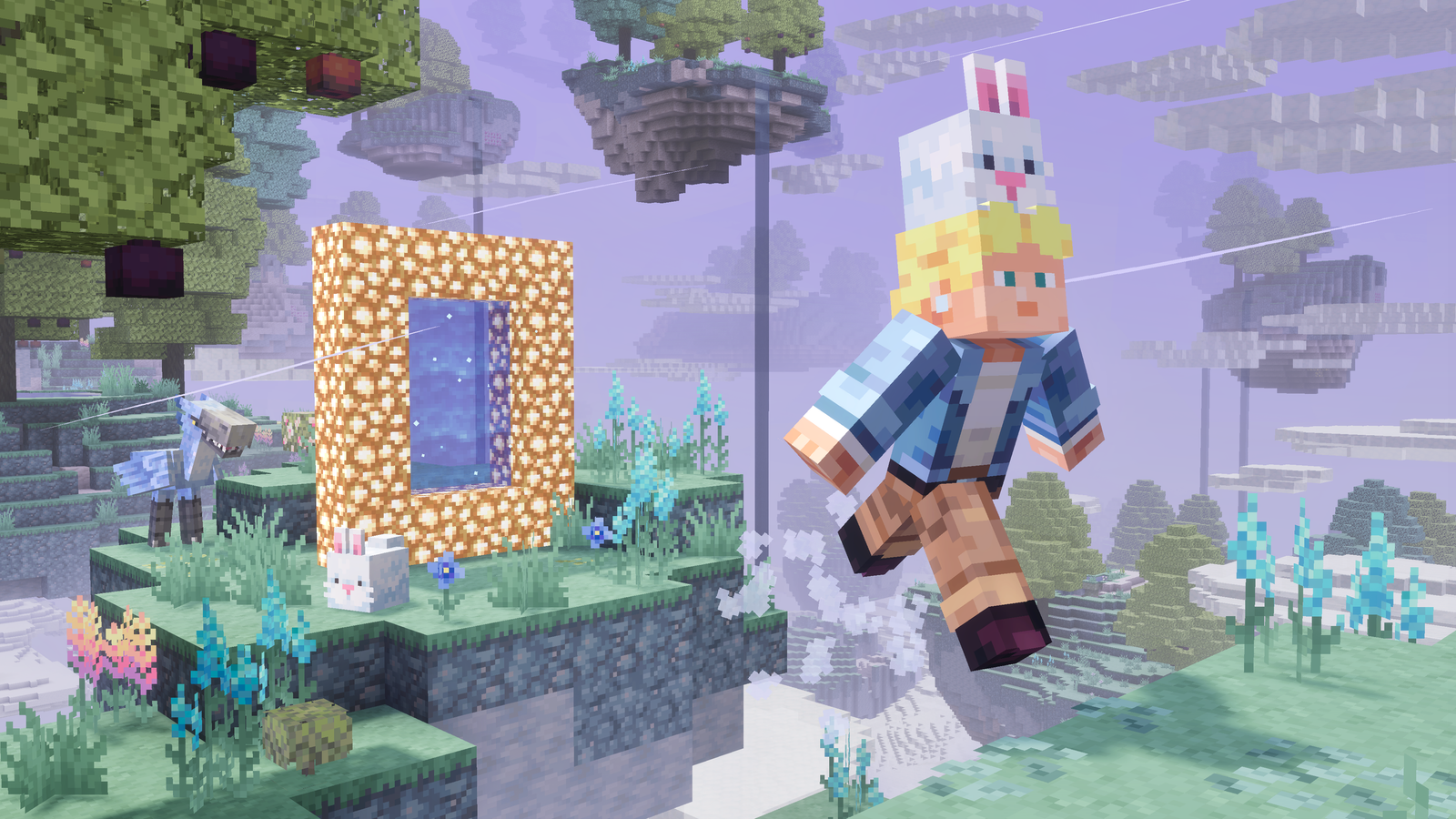 Player mounted with Aerbunny traveling through Aether Plains coming out of the Aether Portal
