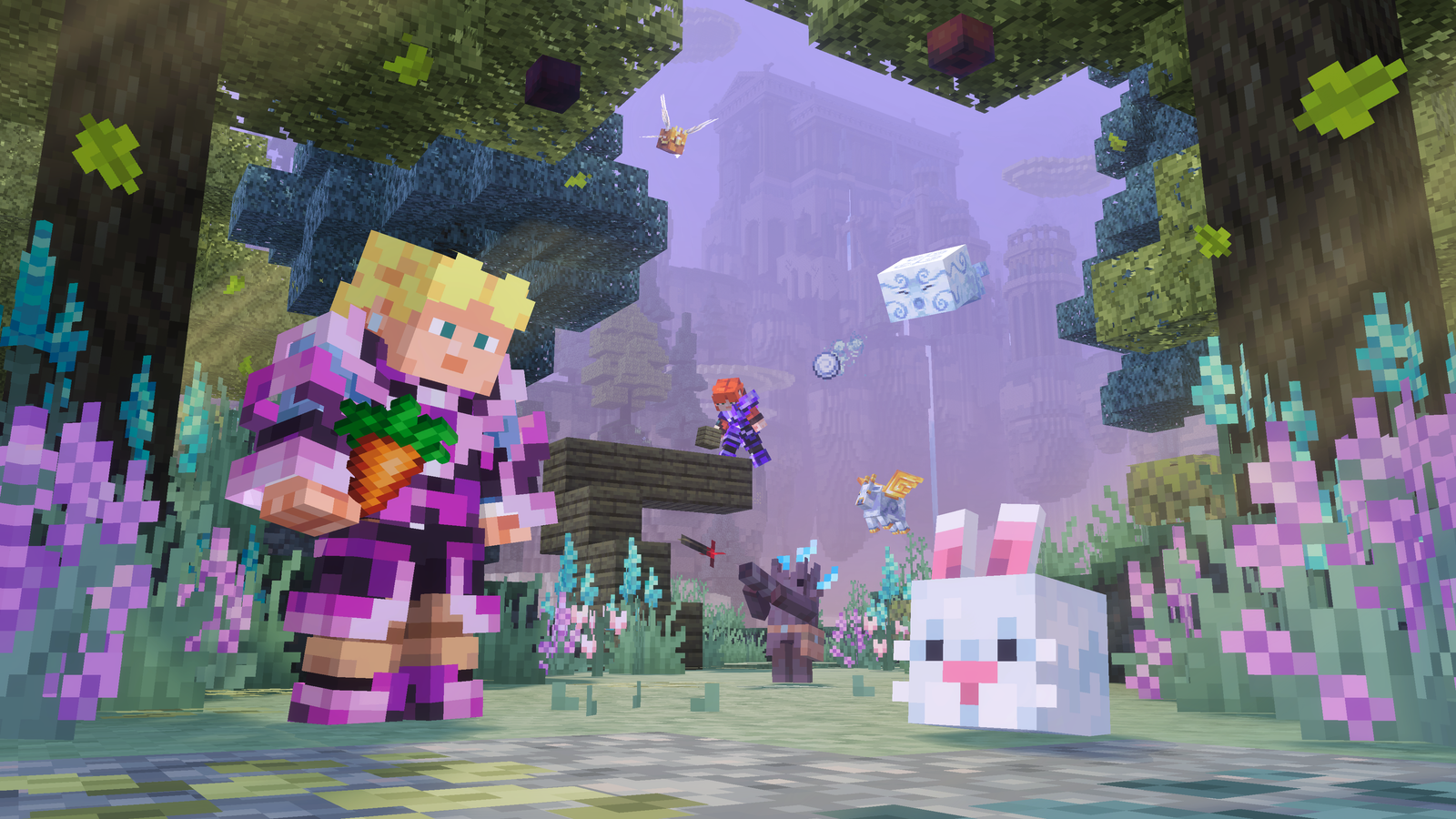 Player wearing Gravitite Armor trying to feed an Aerbunny showing the Valkyrie Queen Temple in the background